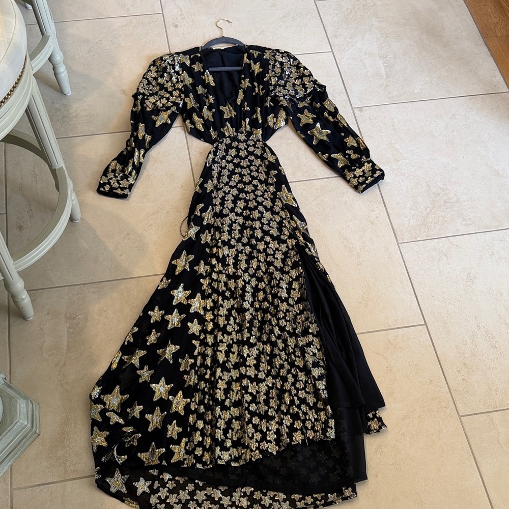 LoveShackFancy Black and Gold Star Long Sleeve Dress